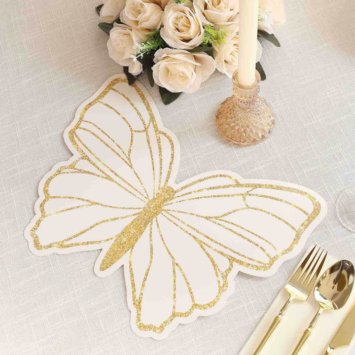 Gold glitter butterfly placemat on a stylish dining table setting.