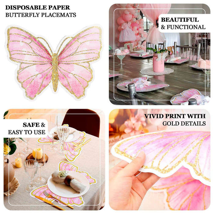 Pink butterfly disposable paper placemats with gold details