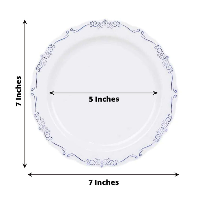 White decorative plate with blue floral design, 7 inches diameter.
