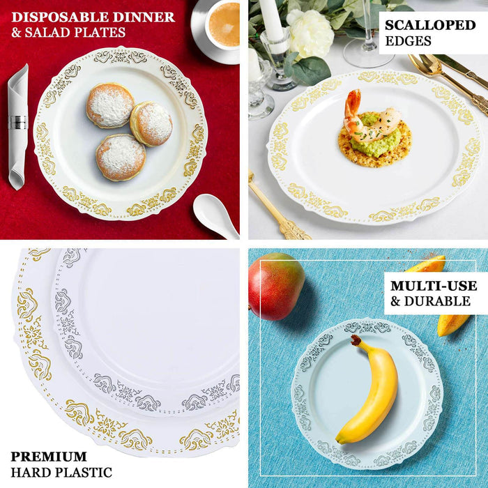 Premium hard plastic disposable dinner and salad plates with scalloped edges.