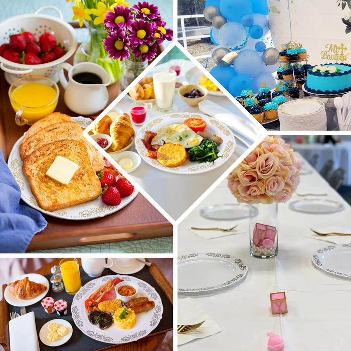 Brunch spread with various dishes, drinks, and floral decorations in a festive setting.