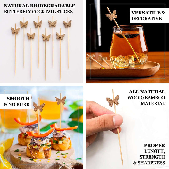 Natural biodegradable butterfly cocktail sticks on a white background