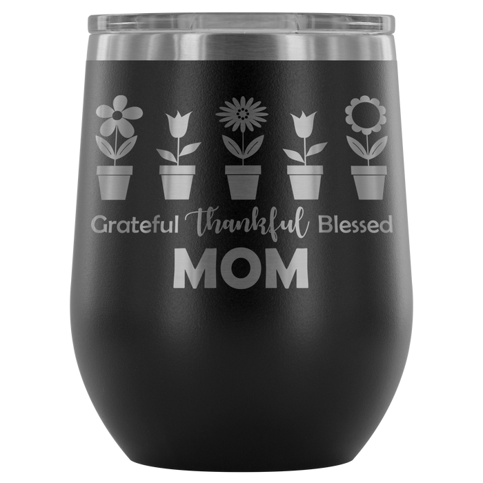 12-Ounce Stemless Wine Tumbler, MOM, Flower Pots