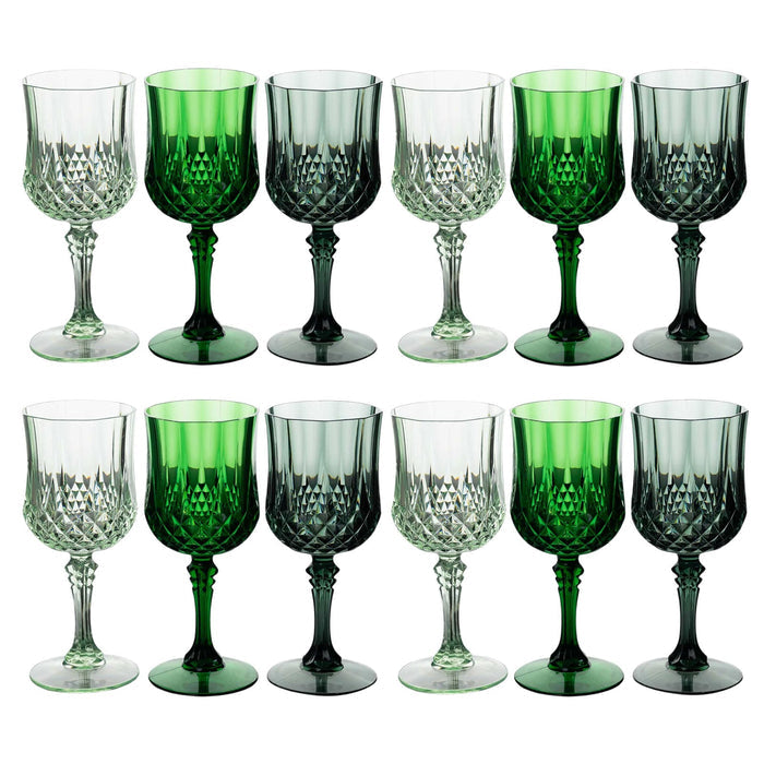 Set of 12 decorative green and clear glass goblets on a white background.