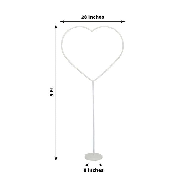 White heart-shaped stand measuring 28 inches wide and 5 feet tall.