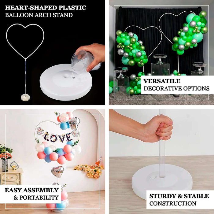 Versatile heart-shaped plastic balloon arch stand for easy assembly and portability.