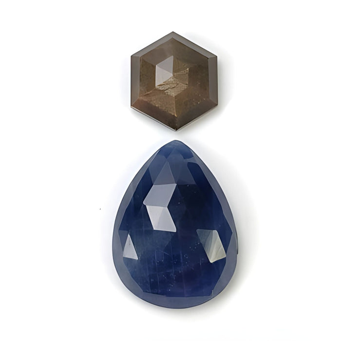 blue sapphire pear, hexagon rose cut