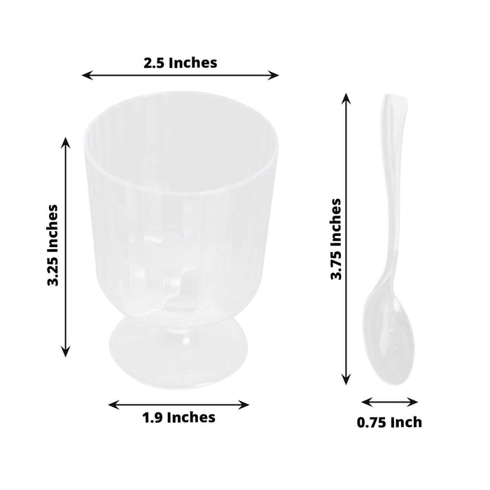 Clear plastic dessert cup with spoon, dimensions 2.5x3.25 inches.