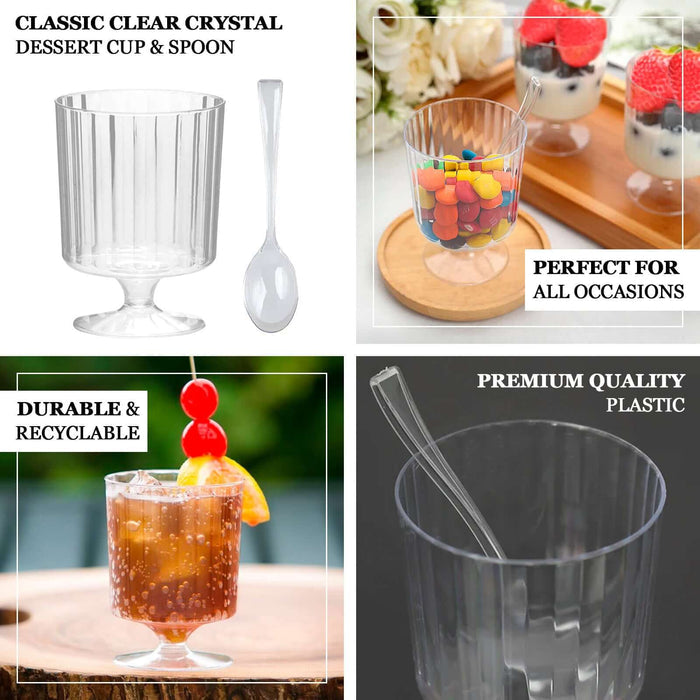Classic clear crystal dessert cup with spoon, ideal for various occasions.