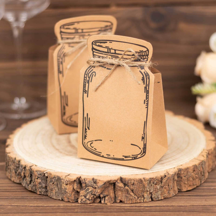 Brown paper gift bags with jar design, tied with twine on wooden slice backdrop.