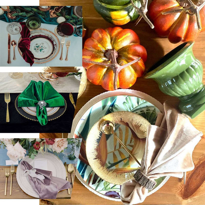 Elegant table settings with decorative napkin folds and autumn-themed elements.
