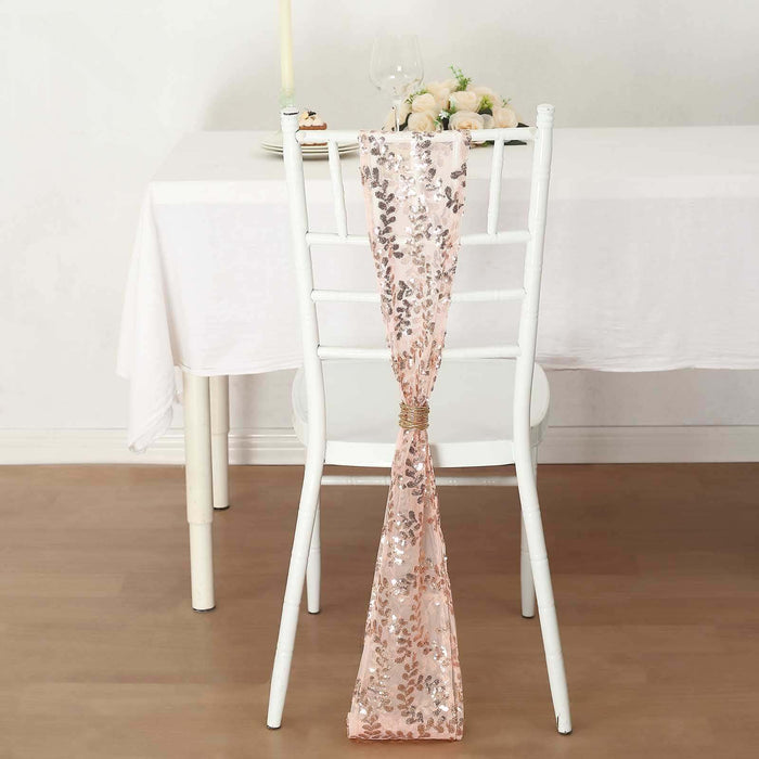 Rose gold sequin chair cover on a white chair in a dining setting.