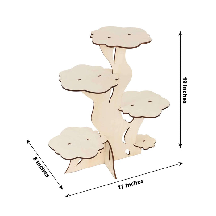 Wooden tree-shaped display stand, 19 inches tall, 17 inches wide, 8 inches deep.