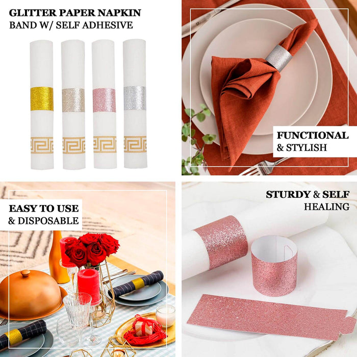 Glitter paper napkin bands in gold, silver, and pink for stylish table decor.
