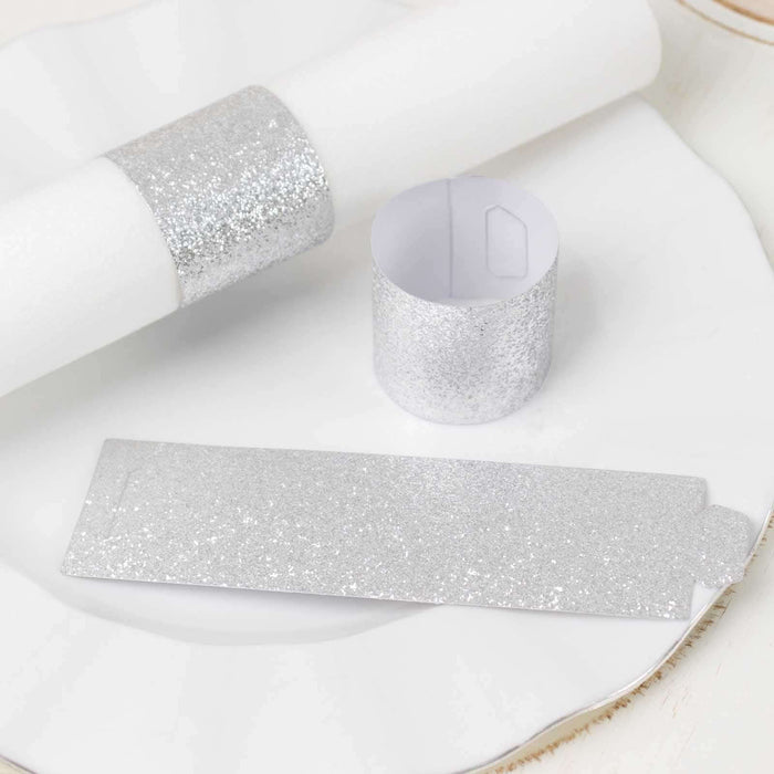 Silver glitter tableware set including napkin rings and place cards
