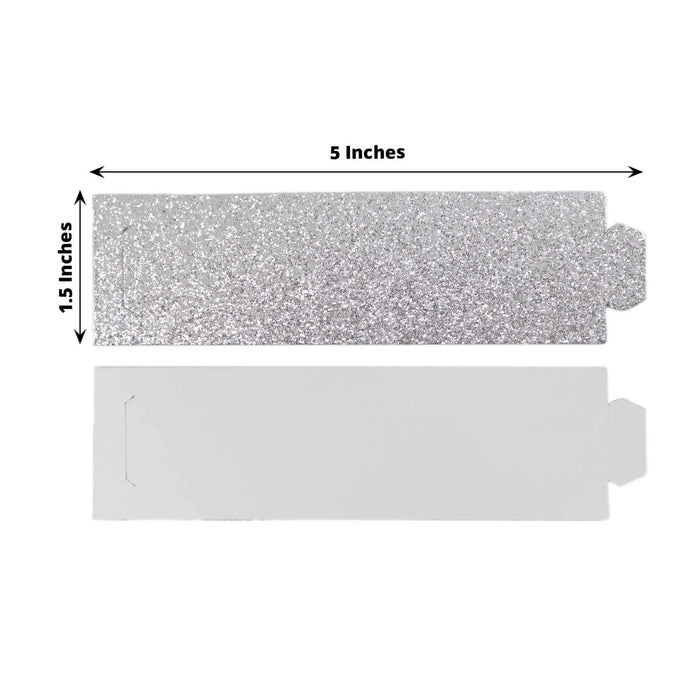 Silver glitter gift tag cutout, 5 inches by 1.5 inches.