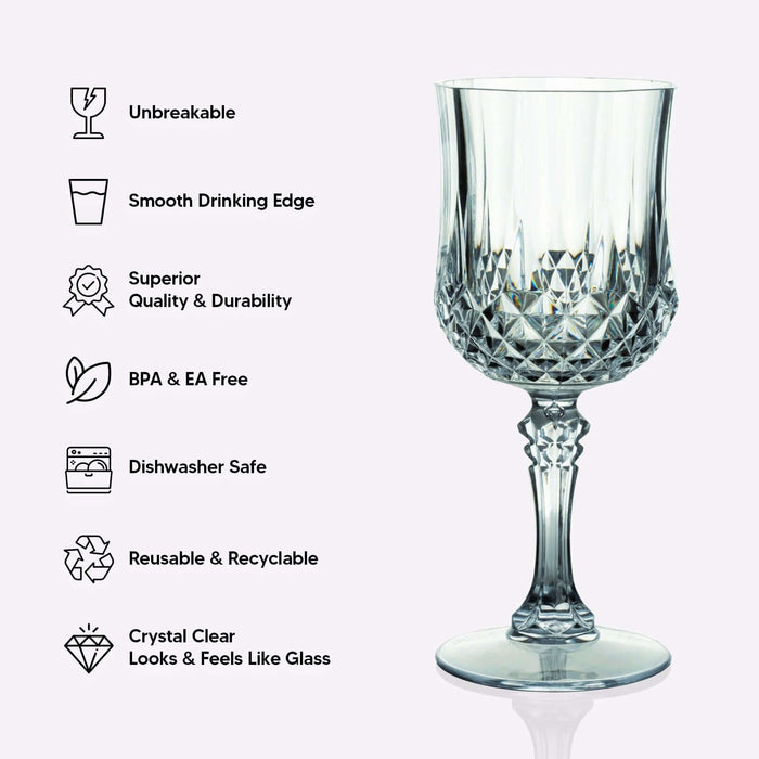 Unbreakable crystal wine glass with smooth drinking edge and dishwasher-safe design.