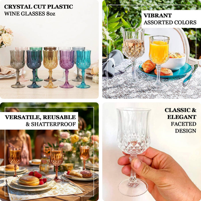 Assorted crystal cut plastic wine glasses in vibrant colors, versatile and elegant design.