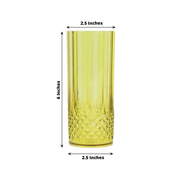 Yellow glass tumbler with textured design, 2.5 inches wide and 6 inches tall.