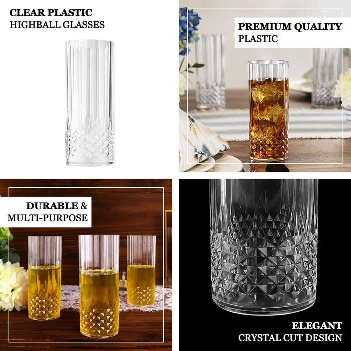 Clear plastic highball glasses in various styles and colors.