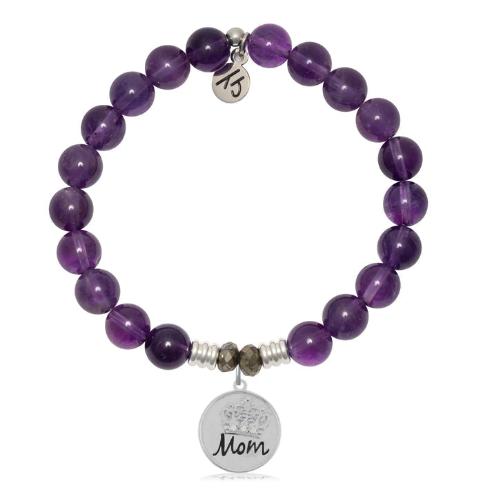 Amethyst Gemstone Bracelet with Mom Crown Sterling Silver Charm