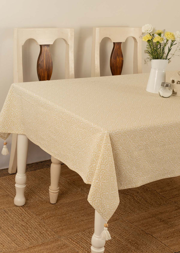 Antique 100% cotton Neutral table cloth with tassel for 4 seater or 6 seater dining - Cream