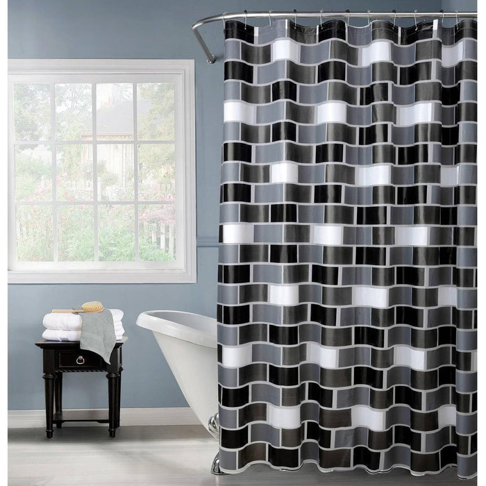 Bath Bliss Brick Design Shower Curtain in White Grey & Black