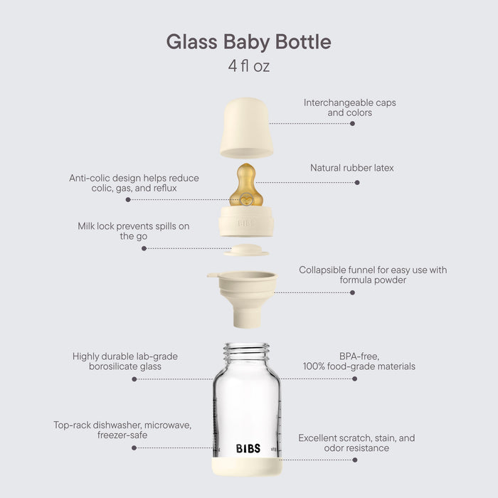 BIBS Baby Glass Bottle Complete Set 110ml (4 oz) | Natural Rubber Latex Nipple