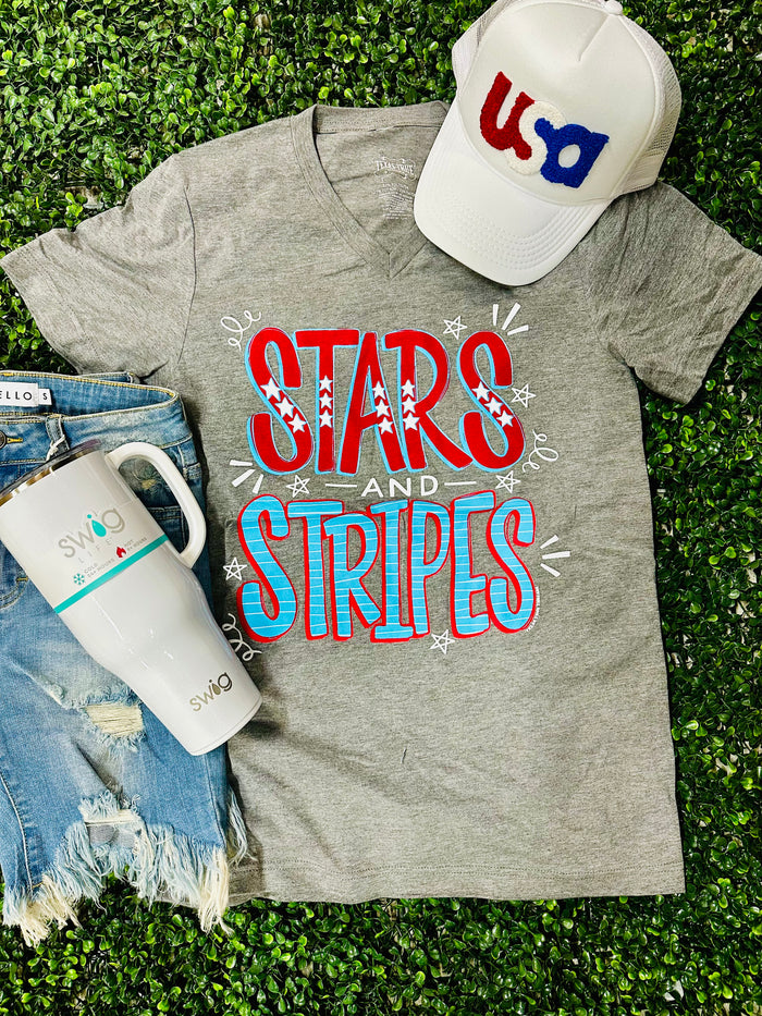 {BIG AND BOLD:  STARS AND STRIPES} Gray V-Neck Tee