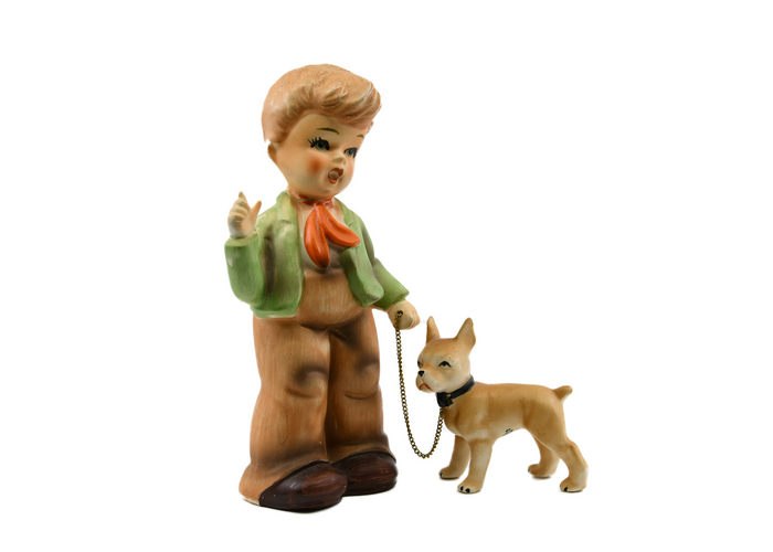 Boy W Boxer Dog on Chain