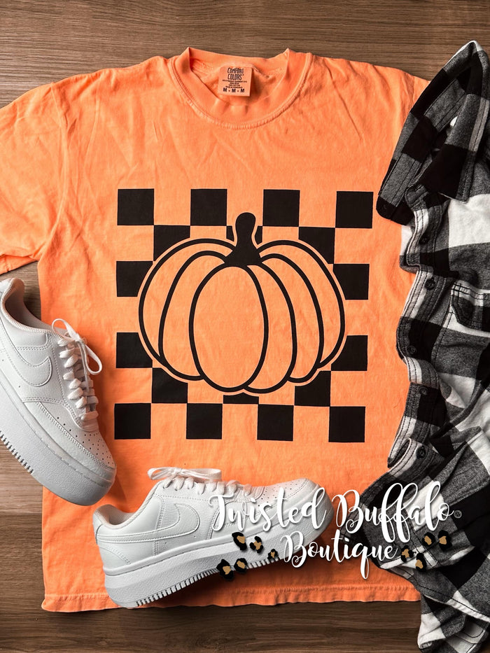 {CHECKERED PUMPKIN} Neon Tangerine Crew Neck Tee