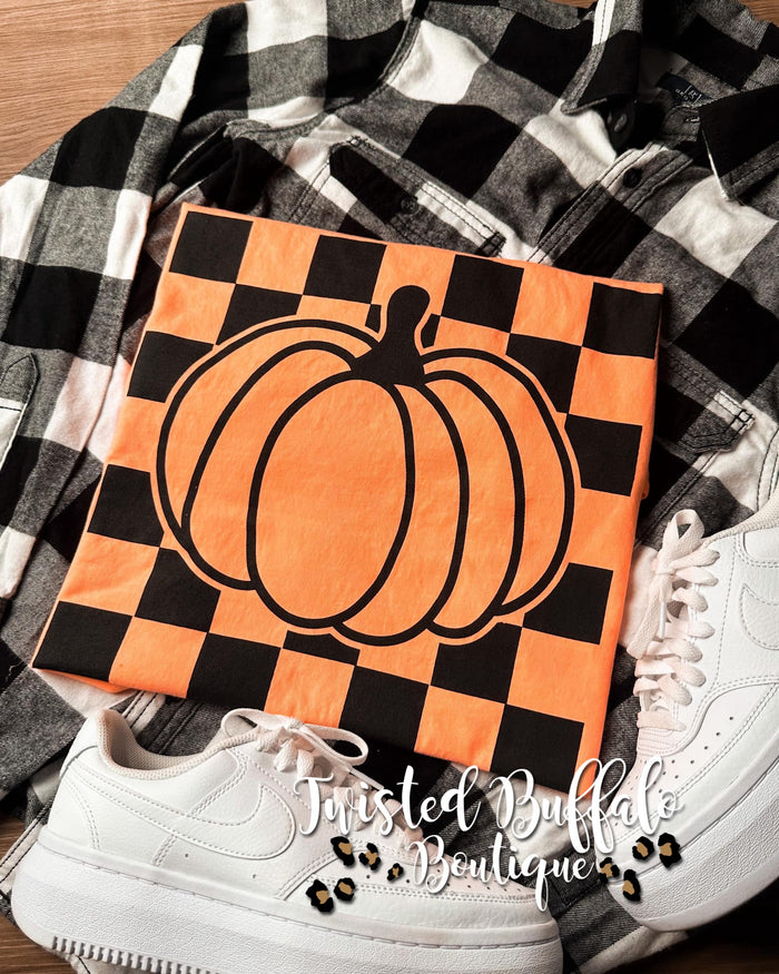 {CHECKERED PUMPKIN} Neon Tangerine Crew Neck Tee