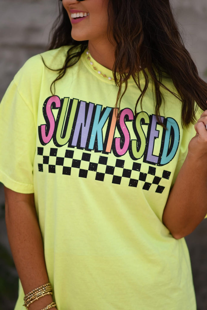 {CHECKERED SUNKISSED} Neon Yellow Crew Neck Tee