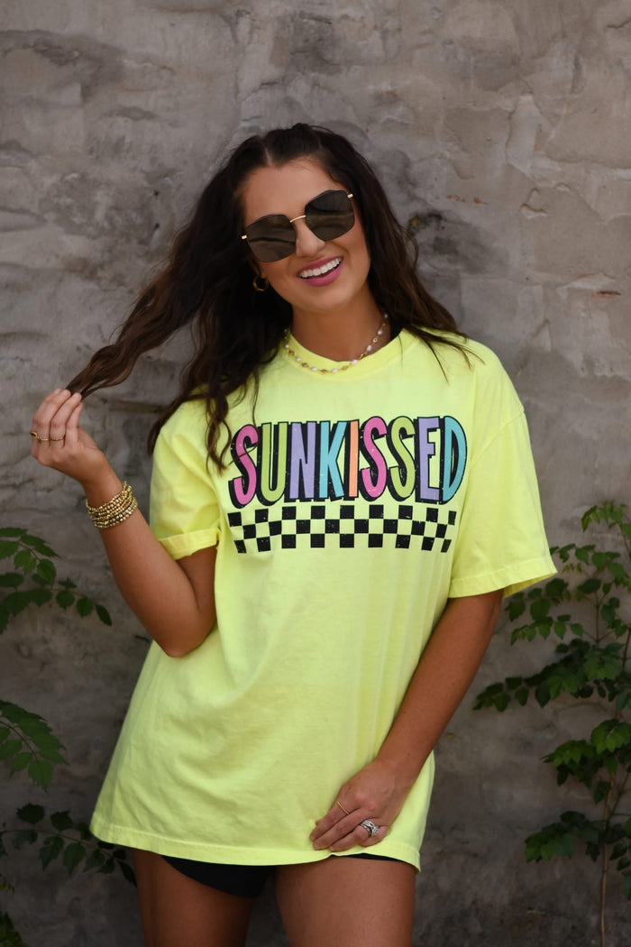 {CHECKERED SUNKISSED} Neon Yellow Crew Neck Tee