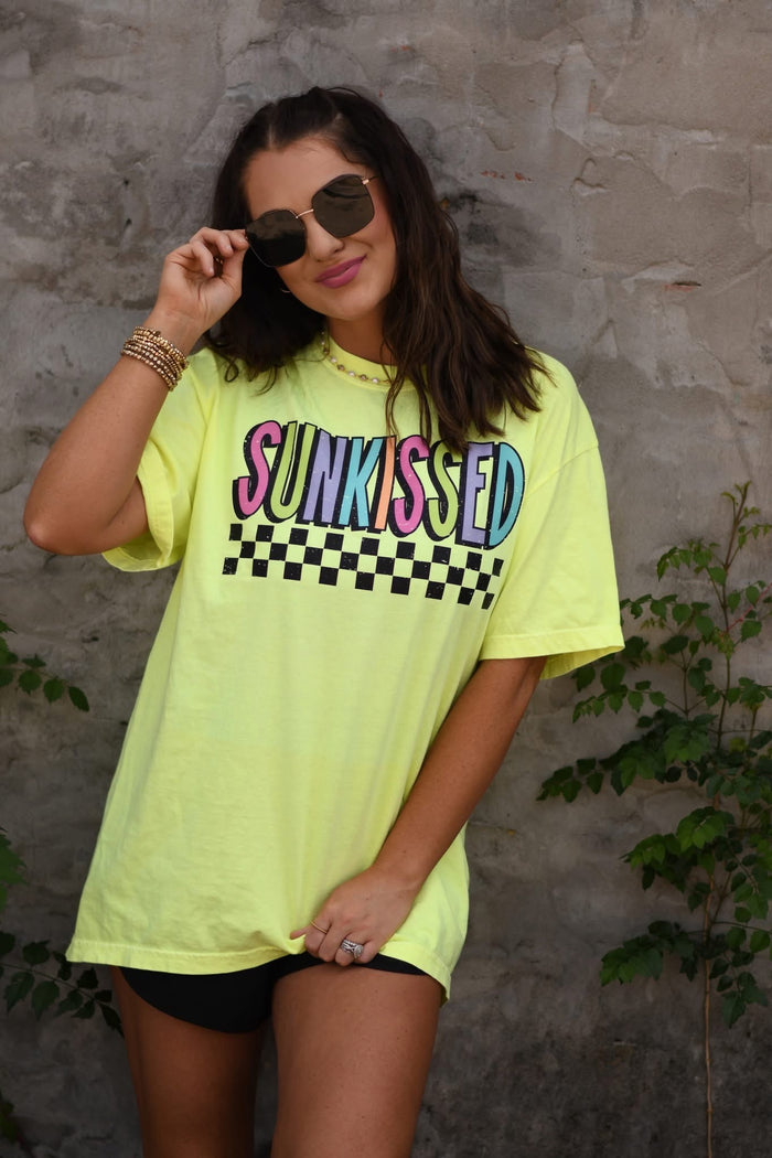 {CHECKERED SUNKISSED} Neon Yellow Crew Neck Tee