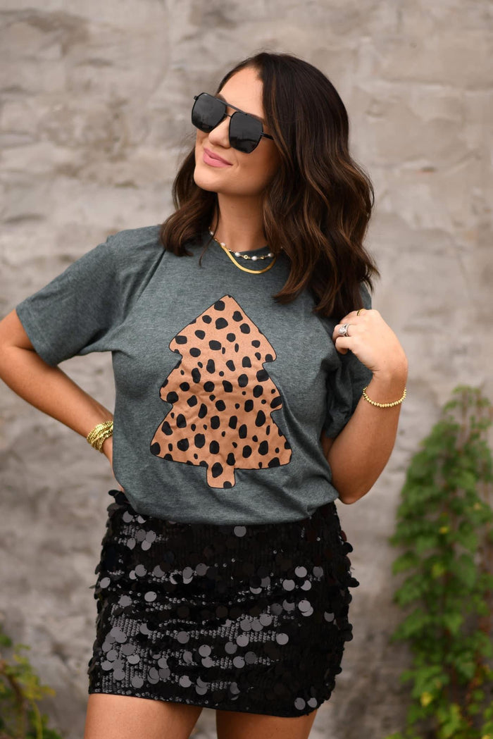 {CHEETAH CHRISTMAS TREE} Charcoal Gray Crew Neck Tee