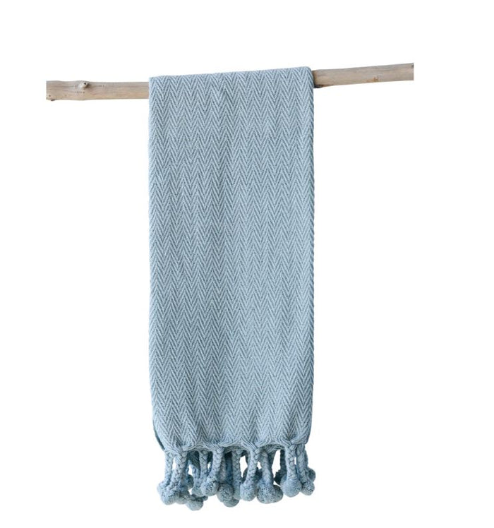 Cotton Throw With Braided Pom Pom Trassels