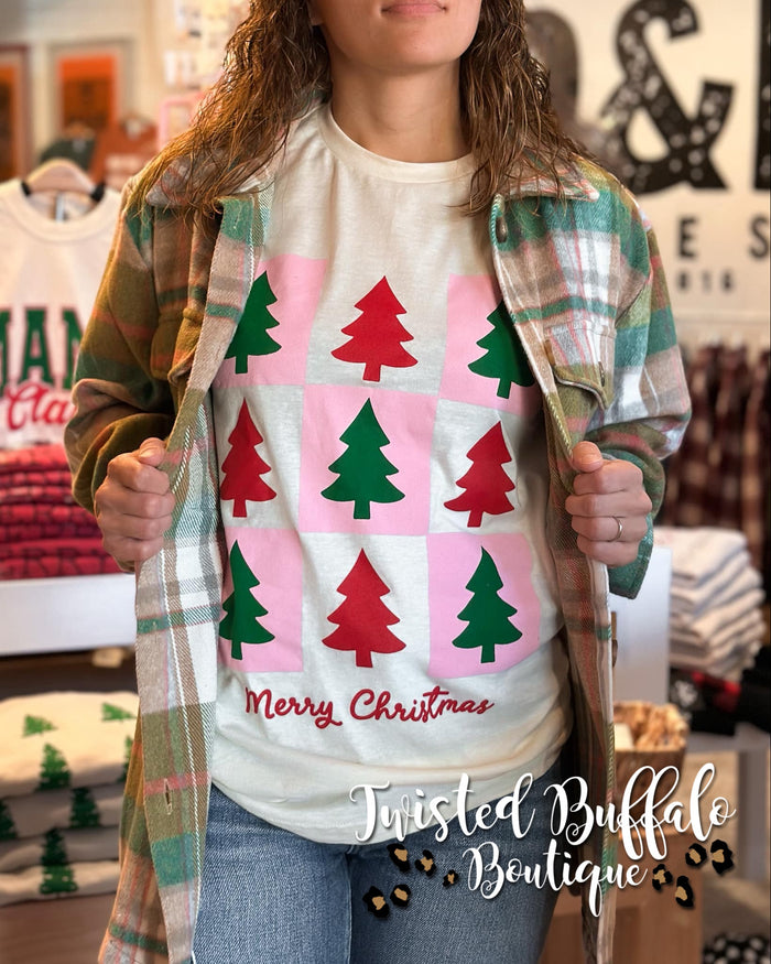 Cream {CHECKERED MERRY CHRISTMAS} Cream Crew Neck Tee
