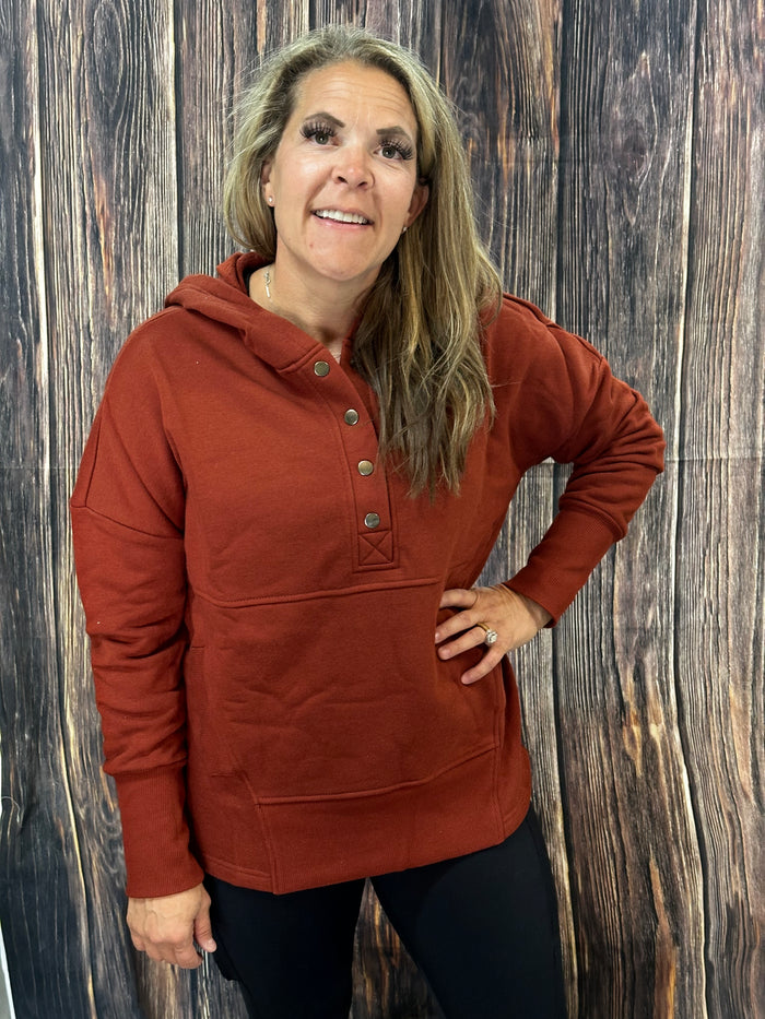{DARCI} RUST Half Button Super Soft Fleece Hooded Pullover
