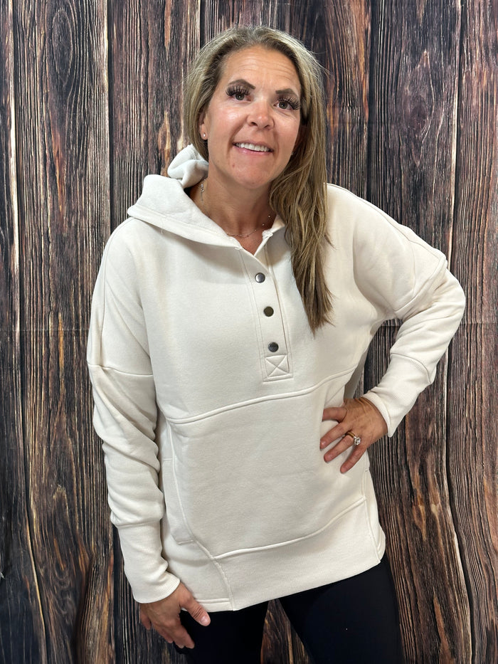 {DARCI} SAND Half Button Super Soft Fleece Hooded Pullover