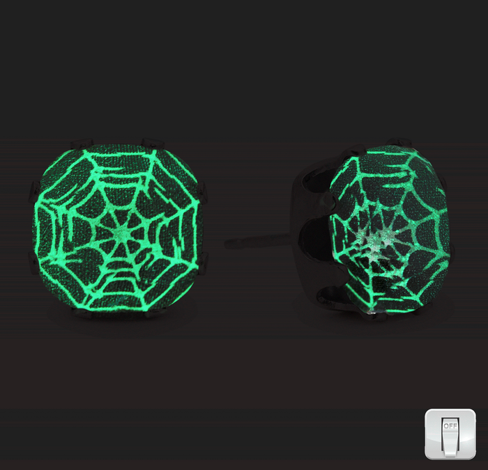 Dark Web Glow-in-the-Dark Cushion Sterling Silver Stud Earrings