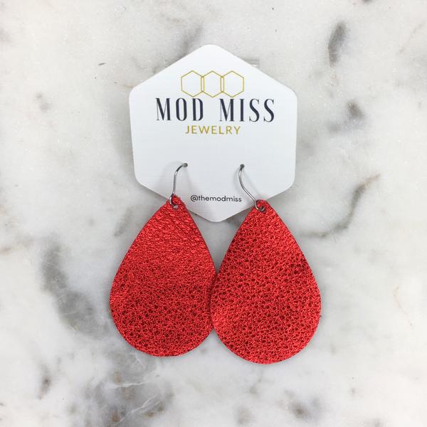 "Dazzler" Metallic Red Leather Teardrop Earrings - twistedbuffaloboutique