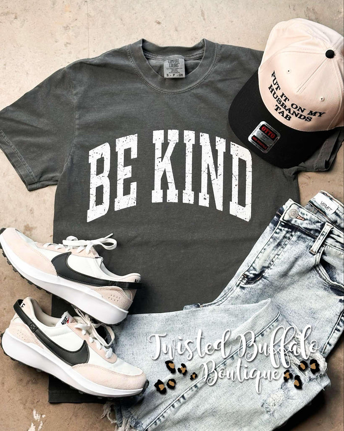 Distressed {BE KIND} Pepper Crew Neck Tee