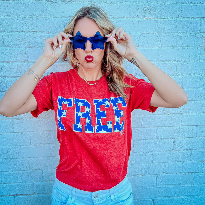 {FREE} Red + Blue Glitter Stars Red Crew Neck Tee
