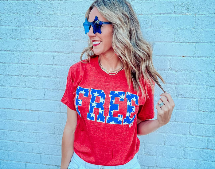 {FREE} Red + Blue Glitter Stars Red Crew Neck Tee