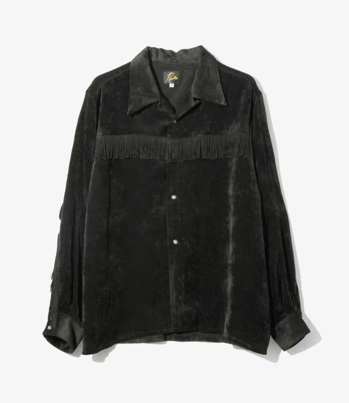 Fringe Open Collar Shirt - Black - Rayon Corduroy