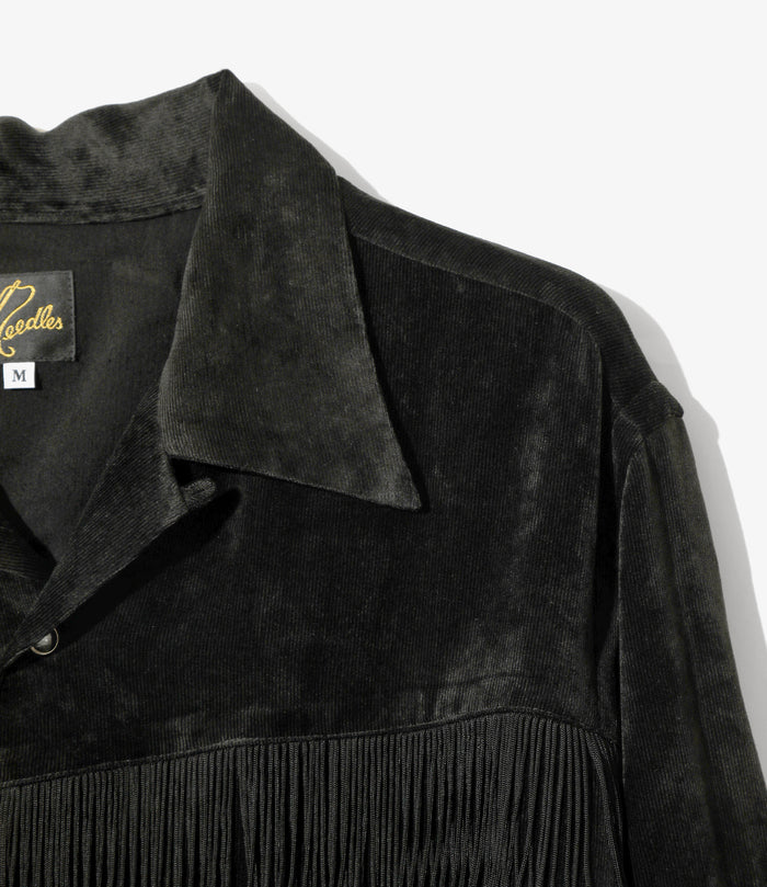 Fringe Open Collar Shirt - Black - Rayon Corduroy
