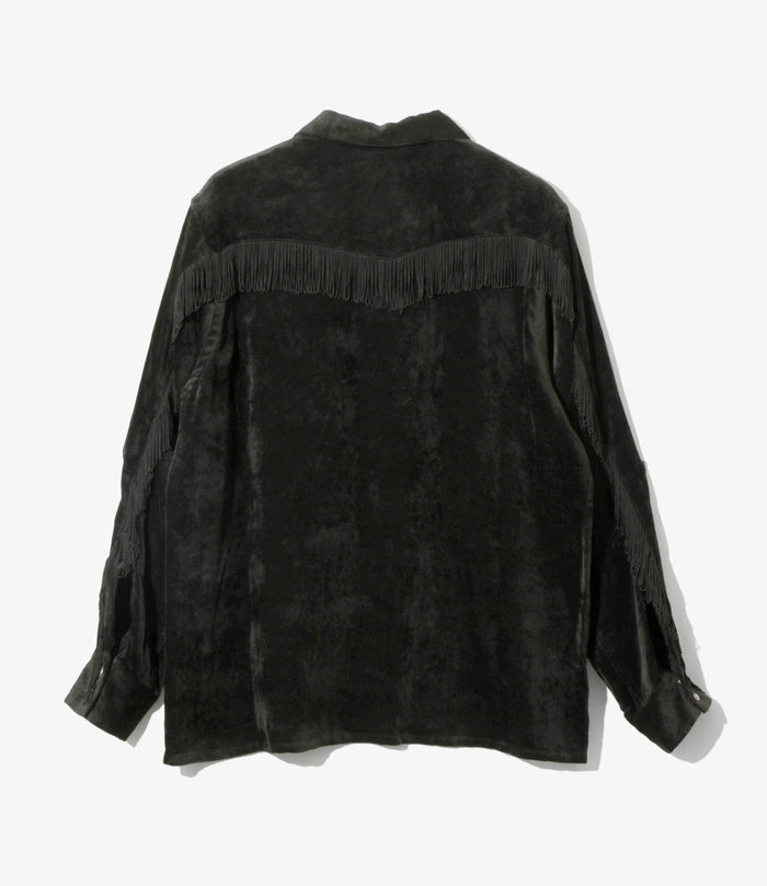 Fringe Open Collar Shirt - Black - Rayon Corduroy