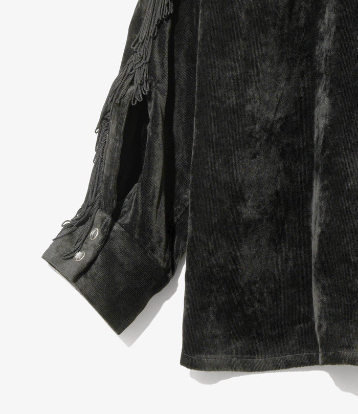 Fringe Open Collar Shirt - Black - Rayon Corduroy