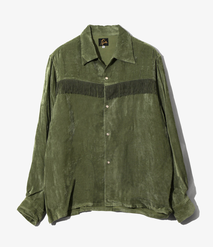 Fringe Open Collar Shirt - Green - Rayon Corduroy